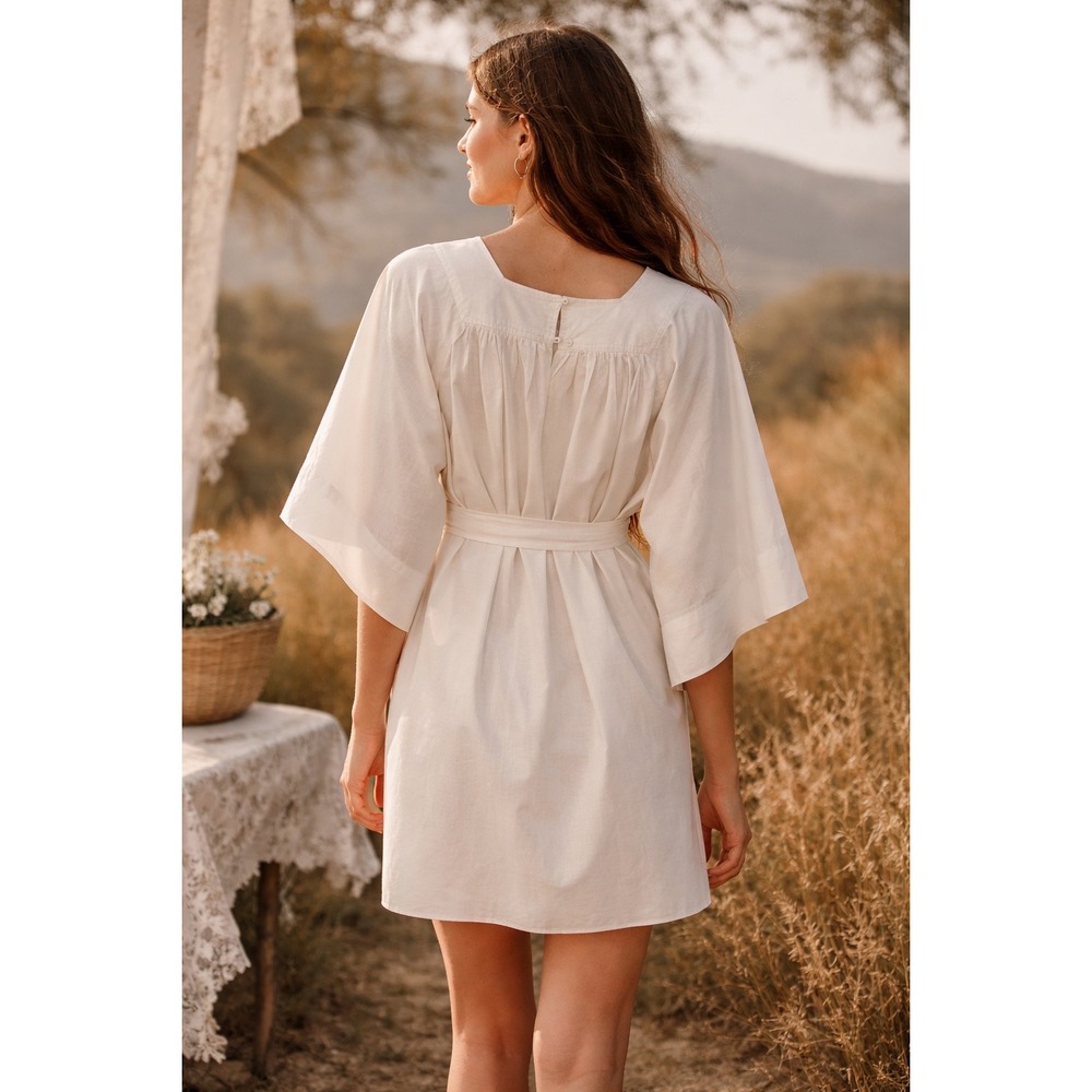 Doen White Cotton Tie Waist Mini Dress Size S Boho Cottagecore - Picture 2 of 9